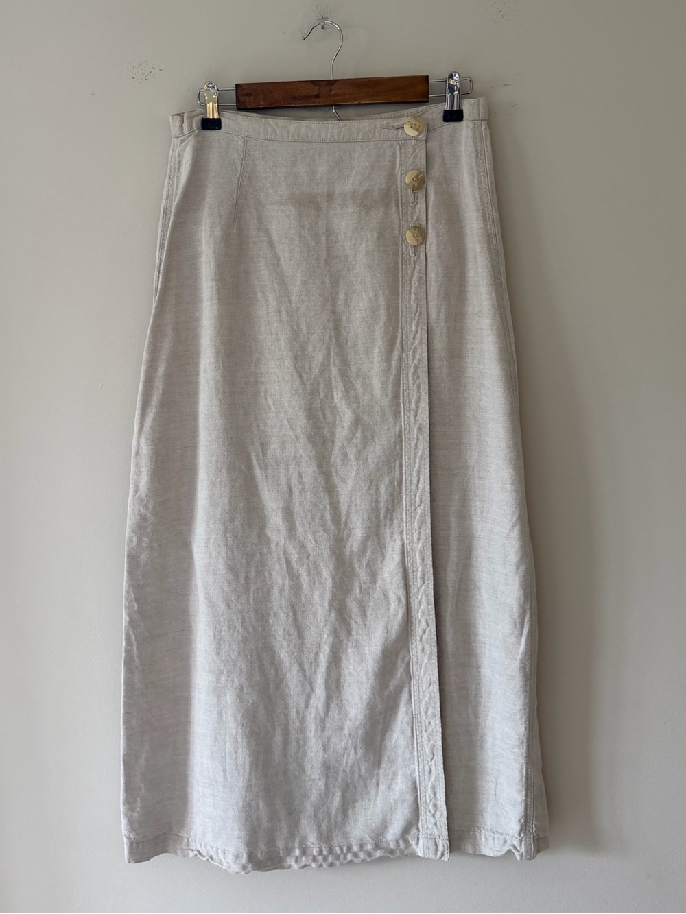 Crossroads Vintage Neutral Cream Button-Front Midi Wrap Skirt Linen/Cotton Blend